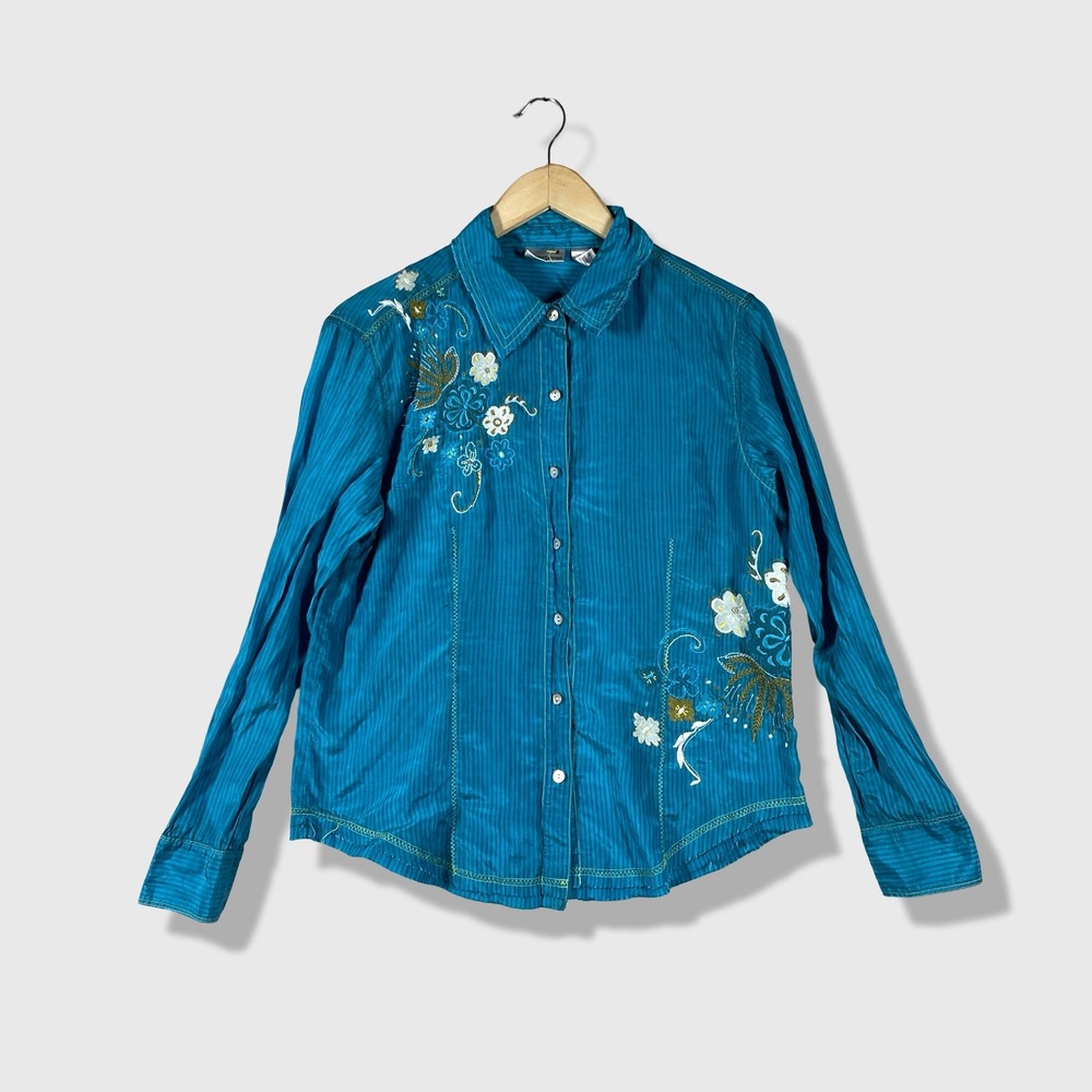 Chico's Button Up Shirt Womens 1 Blue Silk Blend Floral Embroidered Boho Chic